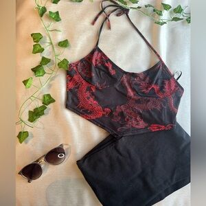 Black and red dragon print crop